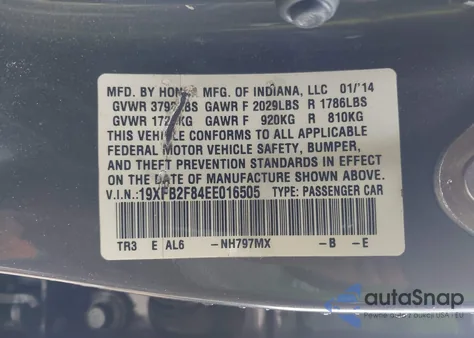 2014 Honda Civic Ex из США, поврежденный, VIN 19XFB2F84EE016505